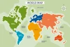 World Map Wallpaper 0139 - Graphic design with continents in various colors on a green background.