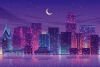 City at Night Wallpaper 0134 - Graphic design featuring a nighttime cityscape with skyscrapers, stars, and the moon.