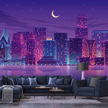 City at Night Wallpaper 0134 - Living room arrangement. Walls in shades of purple and blue.