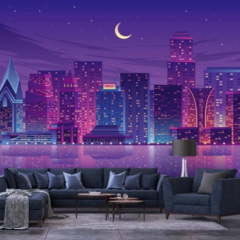 City at Night Wallpaper 0134 - Living room arrangement. Walls in shades of purple and blue.