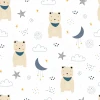 Bear, cloud, and star wallpaper 0152 - Graphic pattern on a white background featuring bears, clouds, stars, and crescent moons.
