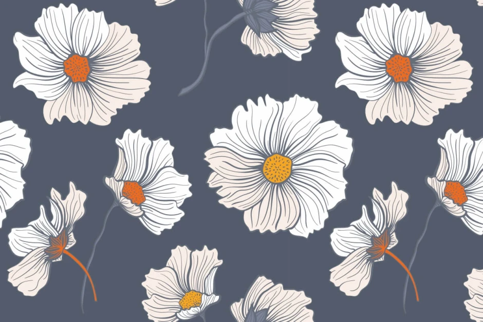 White flower wallpaper 0172 - Graphic design with white flowers and orange centers on a dark background.
