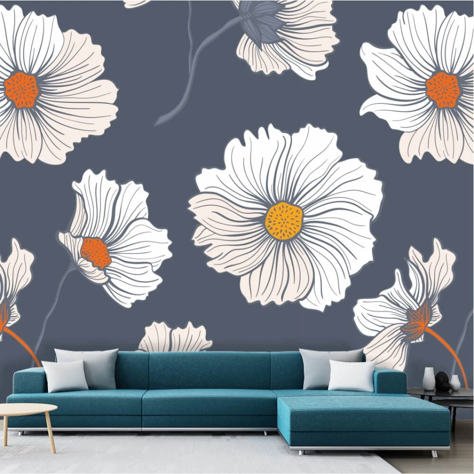 White flower wallpaper 0172 - Living room decor with dark walls and blue furniture.