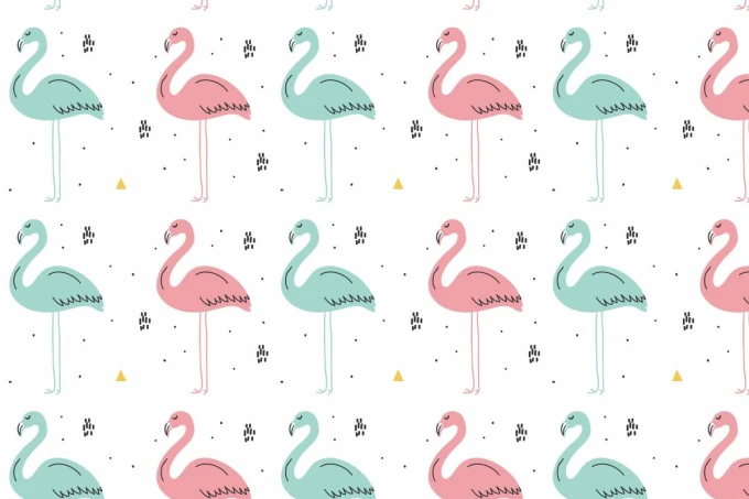 Flamingo Wallpaper 0176 - Graphic design featuring pink and blue flamingos on a white background with subtle black details.