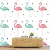 Flamingo wallpaper 0176 - Living room decor with light-colored walls and natural wood furniture.