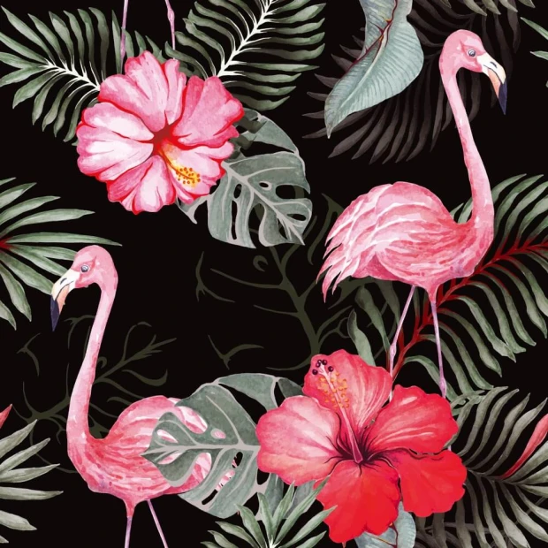 Flamingo wallpaper, hibiscus 0145 - Graphic design with flamingos on a dark background among hibiscus leaves and flowers.