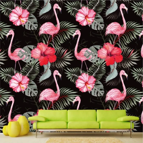 Flamingo and hibiscus wallpaper 0145 - Graphic design with pink flamingos and red hibiscus flowers on a black background.