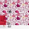 Floral wallpaper 0170 - Living room setup with red sofa, white walls, and floral pattern wallpaper.