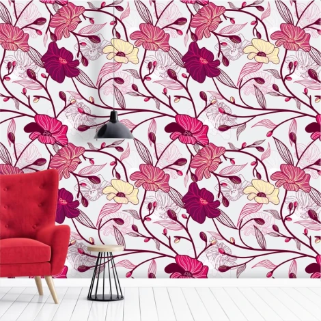 Floral wallpaper 0170 - Living room setup with red sofa, white walls, and floral pattern wallpaper.