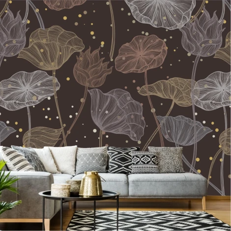 Modern botanical pattern wallpaper 0166 - Living room setup with gray walls and muted furniture.