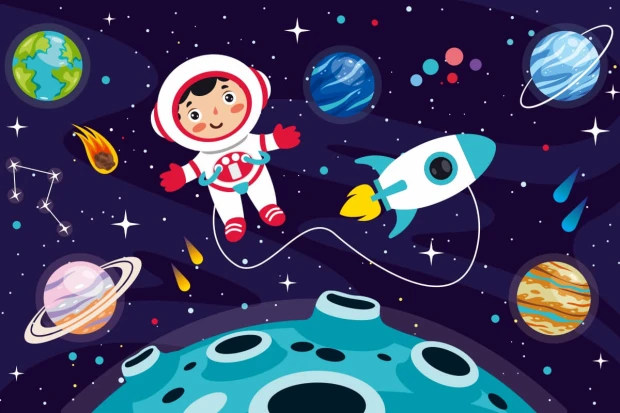 Space Travel Wallpaper 0136 - Graphic design featuring an astronaut floating in space, surrounded by planets and stars.