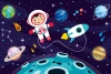 Space Travel Wallpaper 0136 - Graphic design featuring an astronaut floating in space, surrounded by planets and stars.