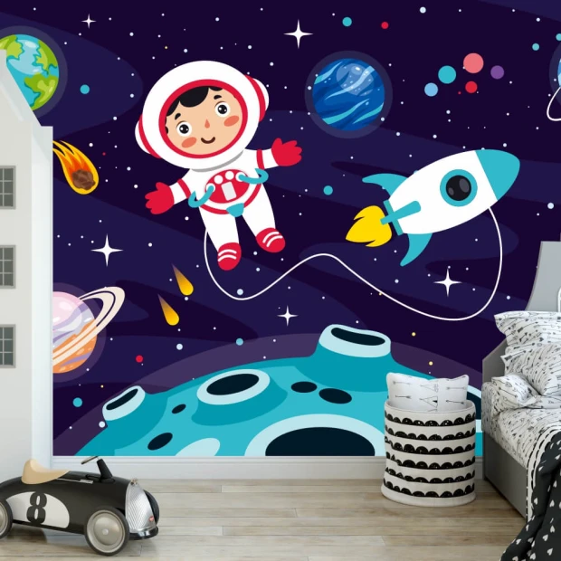 Space Travel Wallpaper 0136 - Graphic design featuring an astronaut, rocket, planets, and stars on a dark background.