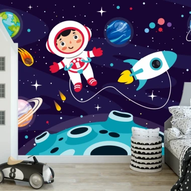 Space Travel Wallpaper 0136 - Graphic design featuring an astronaut, rocket, planets, and stars on a dark background.