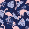 Pink flamingos and leaves wallpaper 0146 - Graphic design with pink flamingos on a dark background among blue-toned leaves.