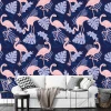 Pink flamingo wallpaper with leaves 0146 - Living room decor. Dark walls, light-colored sofa.