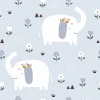 Elephant Wallpaper 0156 - Graphic design featuring white elephants with flowers on a gray background, surrounded by small plants.