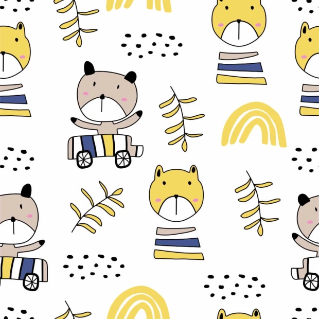 Tiger Wallpaper - children\'s drawing 0174 - Graphic design with tigers, leaves, and rainbows on a white background.