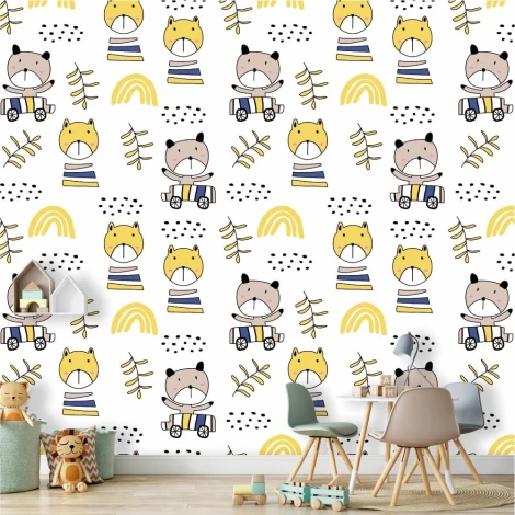 Tiger Wallpaper - children\'s drawing 0174 - Graphic design with tigers, kittens, and leaves on a white background.