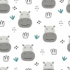 Happy Hippos Wallpaper 0165 - Graphic design featuring hippos in gray and white shades with plants.