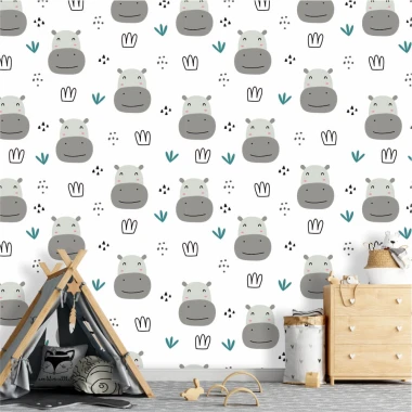 Happy Hippos Wallpaper 0165 - Graphic design featuring gray hippos on a white background with green leaves and flowers.