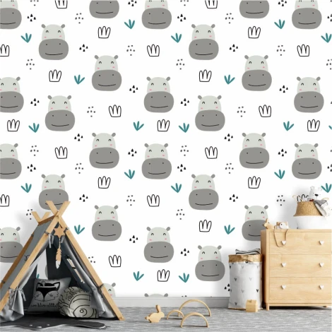 Happy Hippos Wallpaper 0165 - Graphic design featuring gray hippos on a white background with green leaves and flowers.