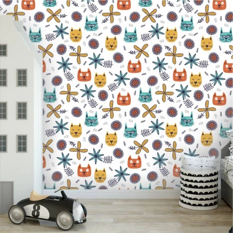 Scandinavian pattern wallpaper - cats 0175 - Decorated in a children\'s room with light-colored walls and Scandinavian furniture.