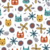 Scandinavian pattern wallpaper - cats 0175 - features colorful cats and flowers on a white background.
