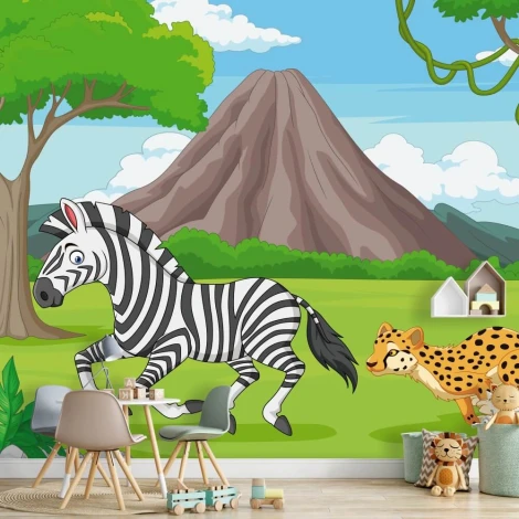 Zebra wallpaper, geopard 0135 - Decor for a child\'s room. Light-colored walls, pastel furniture.