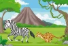 Zebra and cheetah wallpaper 0135 - Graphic design featuring a zebra and cheetah against green grass, mountains, and trees.