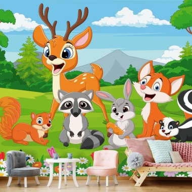 Forest Animals Wallpaper 0131 - Living room decor with light walls and pastel-colored furniture.