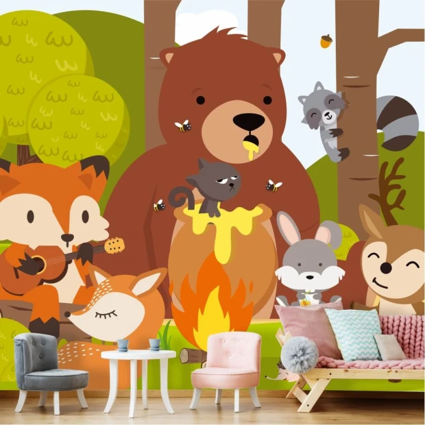 Forest Animals Wallpaper 0161 - Living room decor with light-colored walls and pastel furniture.