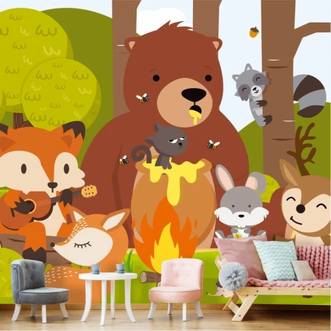 Forest Animals Wallpaper 0161 - Living room decor with light-colored walls and pastel furniture.