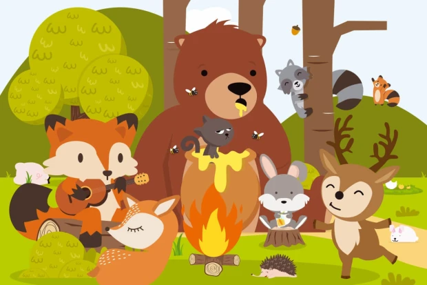 Forest Animals Wallpaper 0161 - Graphic design featuring animals like a bear, fox, hare, deer, and more against a forest backdrop.