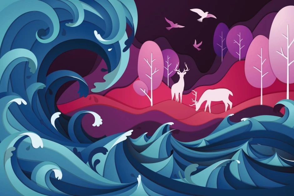 Abstract landscape wallpaper with deer among waves in blue shades. Graphic pattern featuring deer against a wave backdrop.