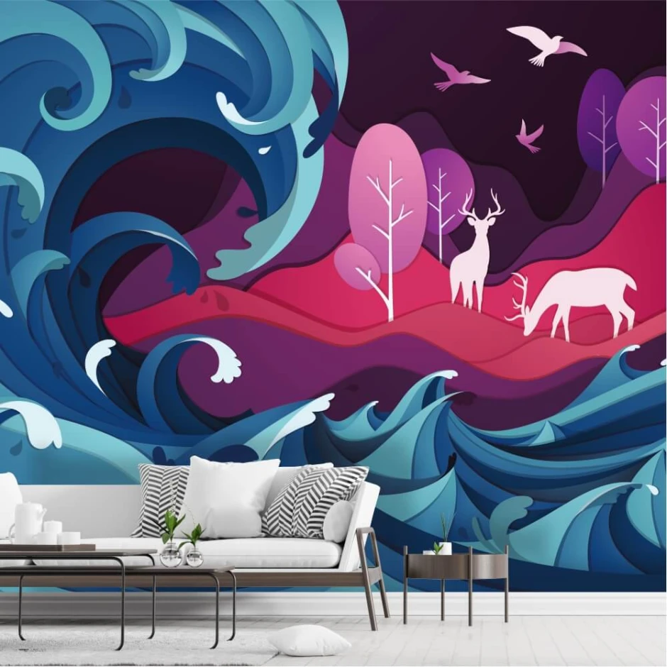 Abstract landscape wallpaper with deer among waves in blue and turquoise shades, featuring trees.