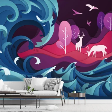Abstract landscape wallpaper with deer among waves in blue and turquoise shades, featuring trees.