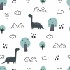 Children\'s wallpaper with dinosaurs, trees, and mountains on a white background.
