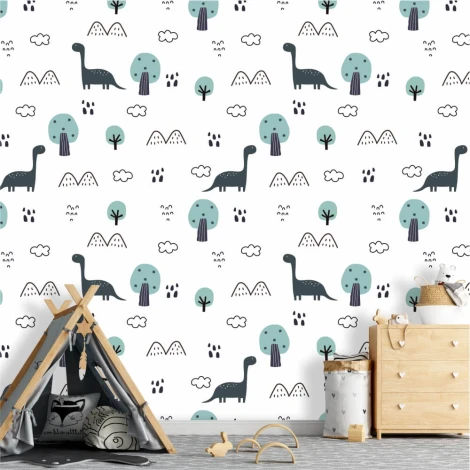 Children\'s wallpaper with dinosaurs, trees, and mountains - features a graphic design of dinosaurs, trees, clouds, and mountains.