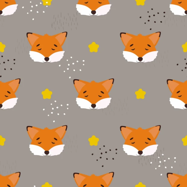 Children\'s wallpaper Foxes 0220 - Graphic pattern with fox illustrations on a gray background and yellow accents.