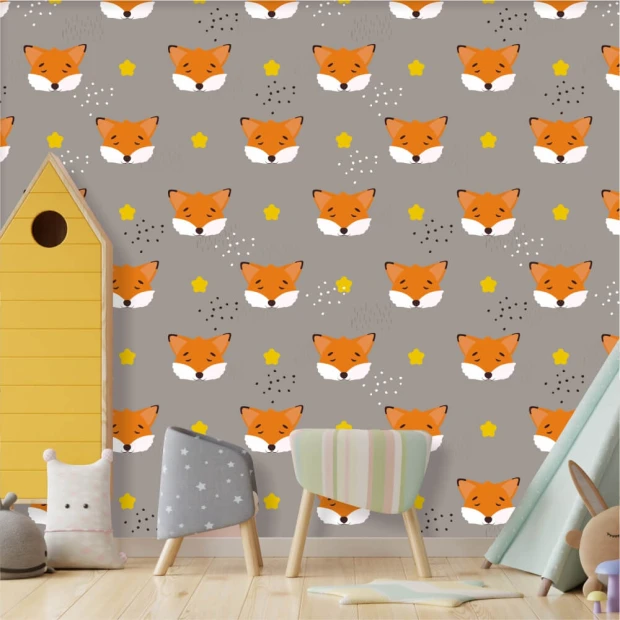 Children\'s wallpaper Foxes 0220 - Graphic design. Gray background with drawings of foxes and stars in orange and white.
