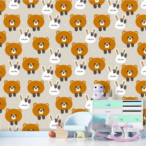 Children\'s wallpaper Bears, Bunnies 0186 - Graphic design with light background featuring bear and bunny illustrations.