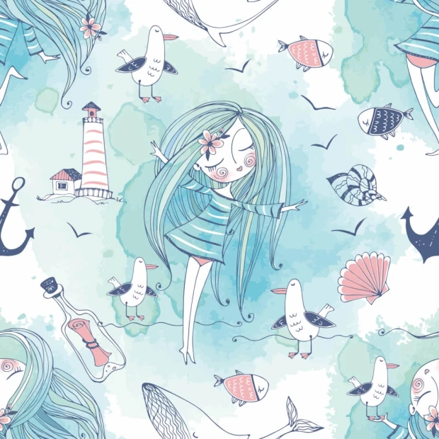 Children\'s wallpaper By the Seashore 0205 - Graphic design featuring a girl with long hair in a blue dress.