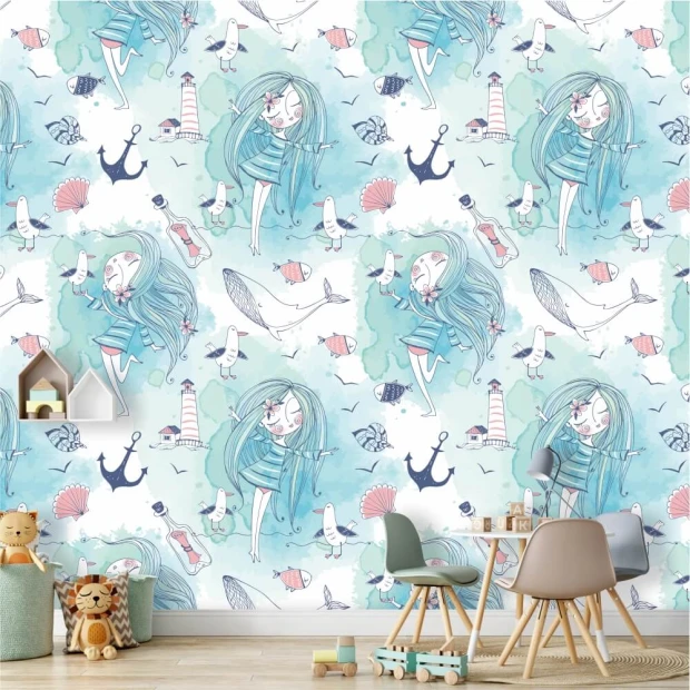 Children\'s wallpaper By the Seaside 0205 - Brightly colored walls and pastel furniture in a kids\' room.