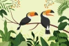 Children\'s wallpaper with toucans on a branch, featuring two toucans surrounded by leaves and berries.