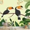 Children\'s wallpaper with toucans on a branch, featuring two toucans surrounded by leaves and berries.