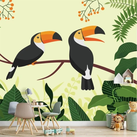 Children\'s wallpaper with toucans on a branch, featuring two toucans surrounded by leaves and berries.