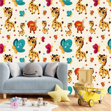 Children\'s wallpaper with giraffes and butterflies 0179 - Decorated in a bright room with pastel furniture.
