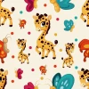 Children\'s wallpaper with giraffes, butterflies, and colorful dots on a light background. Design 0179.