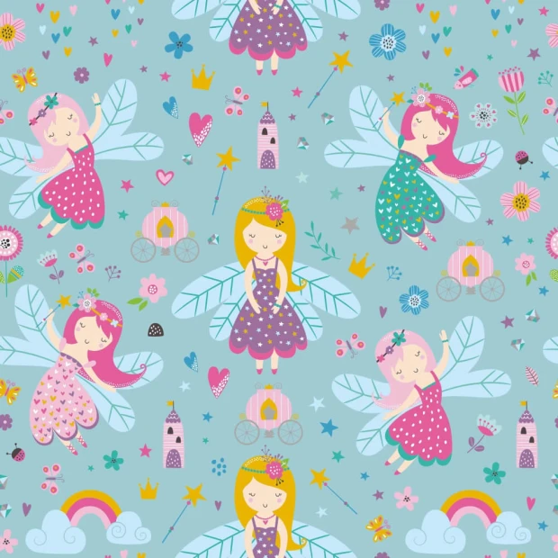 Fairy Wallpaper for Girls 0223 - Blue background with fairies, flowers, and crowns design.